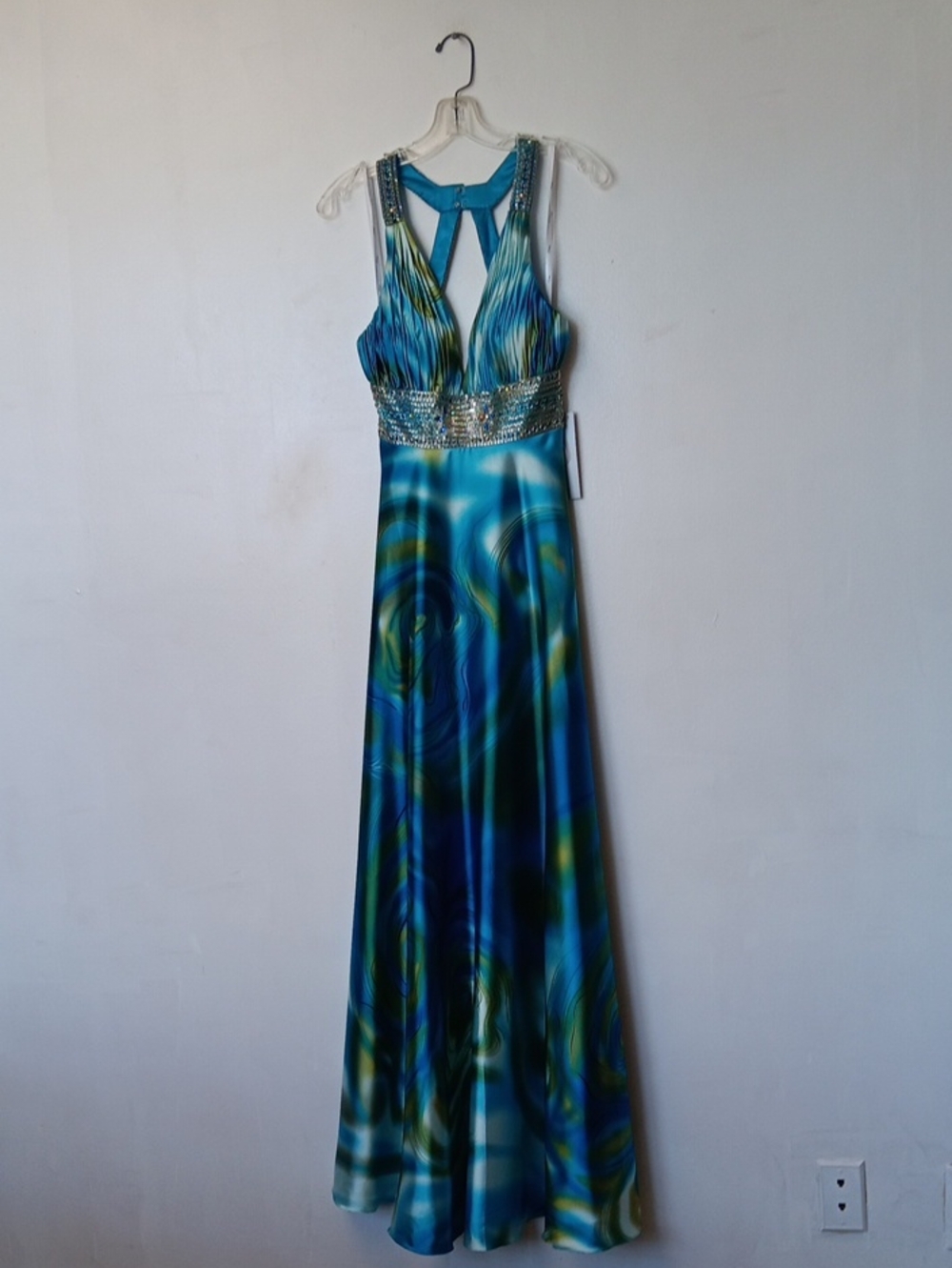 Riva Designs Ocean Print Multicolor Beaded Waist Maxi Dress